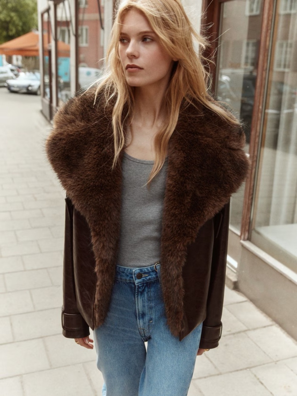 H&M Brown Shearling-Trim Leather Jacket - Women's Coat